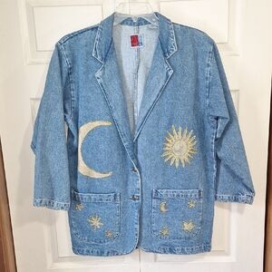 Vintage Sunbelt Denim Jean Jacket -Painted Gold Celestial Design -L- Blue / Gold